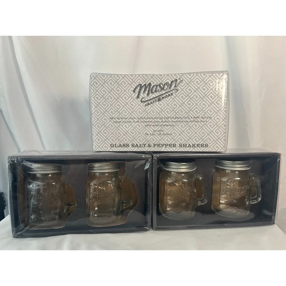 3X Mason Craft & More Glass Salt & Pepper Shakers Mason Jar w/ Handles 2 Pc Set